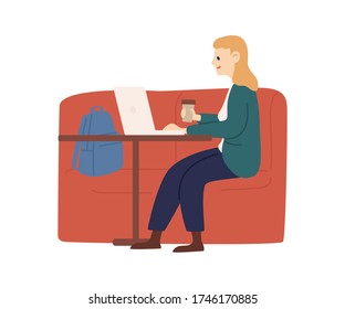 Woman chatting on laptop sitting at cafe table vector flat illustration. Happy freelancer female working remotely use computer isolated on white. Modern girl surfing internet hold paper coffee cup