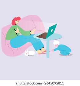 woman chatting on laptop and want her to call vector design clean and unique latest illustration