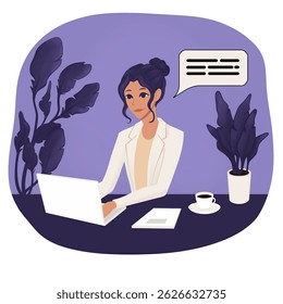 Woman chatting on laptop while sitting at office desk. Happy office woman or freelancer working remotely via laptop. woman in suit at work, coffee, notebook and plant on table