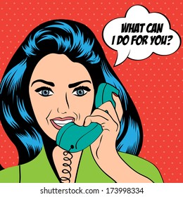 woman chatting on the phone, pop art illustration in vector format