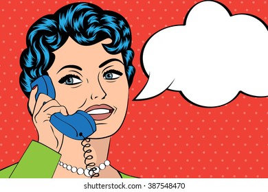 Frau, die am Telefon chattet, Pop-Art-Illustration, Vektorillustration