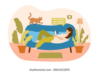 Woman chatting on sofa. Modern technologies, communication with friends online. Social networks. Character resting after work. Comfortable atmosphere, cat, pet. Cartoon flat vector illustration
