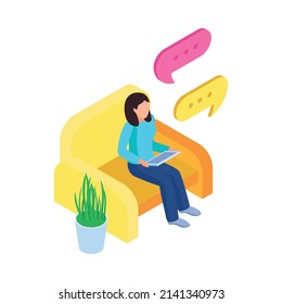 Woman chatting on tablet isometric icon with message bubbles 3d vector illustration