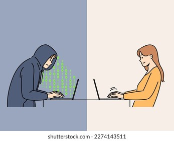 Mujer charlando en línea en un computador con un hacker masculino. Los estafadores se comunican en internet con las chicas. Falso novio y estafa en la web. Ilustración vectorial. 