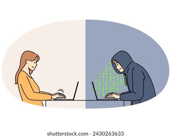 Woman chatting online on computer with male hacker. Man scammer communicate on internet with girl. Fake boyfriend and web scam. Vector illustration.