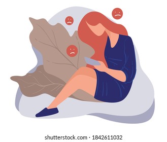 Woman chatting online using smartphone, teenager receiving violet or upsetting messages. Depressed female character with cell phone talking in web, online communication, vector in flat style