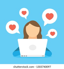 Woman chatting in social network by laptop and receiving like heart, subscribers and friends. Woman blogging in internet, web site and media network. Communication and online conversation in chat