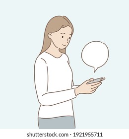 Woman chatting through a mobile application. Online communication concept. Hand draw style. Vector illustration.