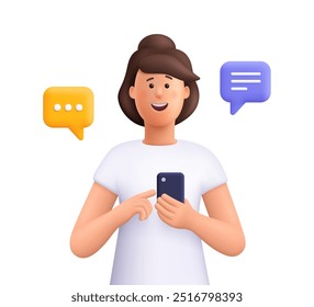 Mujer charlando y escribiendo en el teléfono inteligente con burbuja de discurso. Chat en línea, envío de mensajes y comentarios, Comentarios y redes sociales. Personaje de personas de Vector 3D. Estilo minimalista de dibujos animados.