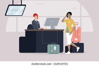 Woman check in in at the airport reception. Boarding control.  Vector Illustration.