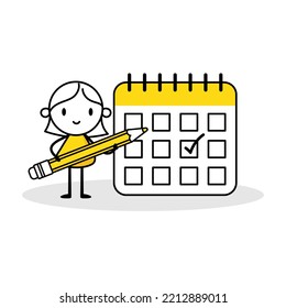 Woman check calendar. Female character with pencil. Concept mark on the calendar, work month projects planner and check events calendars. Vector stock illustration isolated on white background