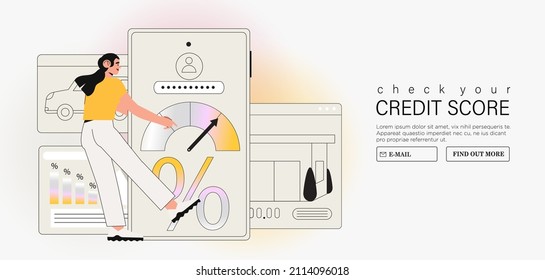 Woman check credit score online in her banking account. Personal credit history or mortgage loans concept vector illustration. Bank customer service, finance manager and clients online consultation. 