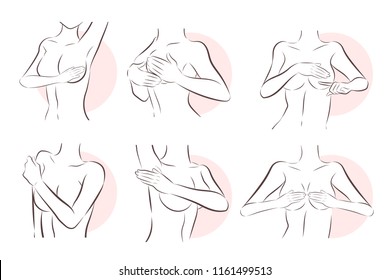 Frau überprüft ihre Brust auf weißem Hintergrund