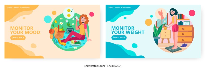 Woman check her weight on a scale and write down results. Woman talk by phone while on picnic in a park. Concept illustration. Vector web site design template