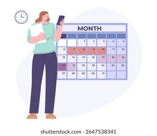 Calendário de período de verificação da mulher no aplicativo de smartphone. Menstruação e dias de ovulação. Ciclo de menstruação feminina, tecnologias modernas de segurança e planejamento, conceito vetorial