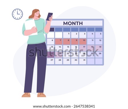 Woman check period calendar in smartphone app. Menstruation and ovulation days. Female menses cycle, modern technologies for safety and planning, vector concept