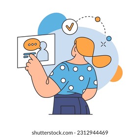 Woman check resume, flat cartoon character searching for job, flat vector illustration. Girl standing at clipboard and search for job or recruiting candidate, done mark