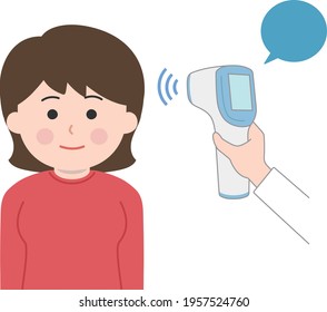 A woman is checked for her temperature using a non-contact thermometer for coronavirus. Vector illustration isolated on white background.