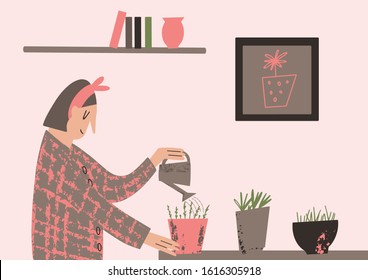 A woman in a checked shirt waters the home plants with a watering can. A person takes care of pot flowers. Home gardening concept. Room with home plants. Flat vector illustration. 
