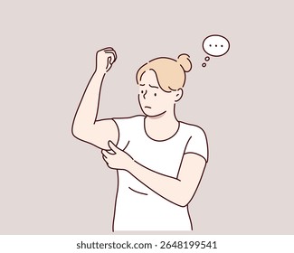Mulher Checando Gordura No Braço Apertando O Braço. Ilustrações de design de vetor de estilo desenhado à mão.