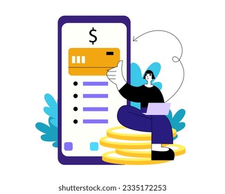 Woman checking bank account through laptop and smartphone. Concept of secure mobile banking services, money investment. Getting financial success and money growth. Flat vector illustration