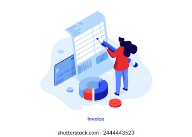 Woman checking bill before payment. Accountant controlling papers. Invoice concept isometric vector illustration. Entrepreneur dealing with financial documents cartoon character colour composition
