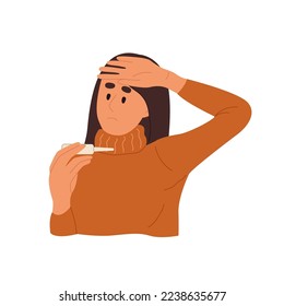 Mujer comprobando la temperatura corporal con termómetro. Chica con fiebre. Síntomas de gripe. Ilustración vectorial plana coloreada aislada en fondo blanco