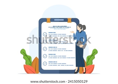 woman checking boxes on achievement list notepad paper. Self-assessment concept, evaluating yourself for personal development or work improvement concept. flat vector illustration on background.