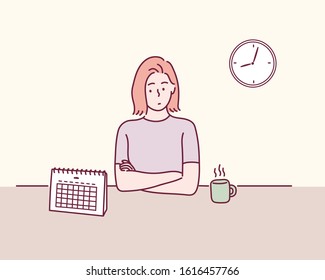 Woman checking the calendar. Hand drawn style vector design illustrations.