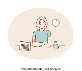 Woman checking the calendar. Hand drawn style vector design illustrations.