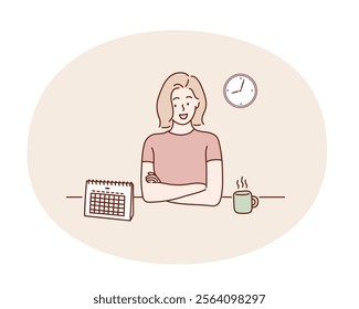 Woman checking the calendar. Hand drawn style vector design illustrations.