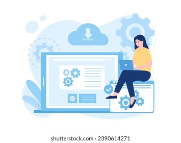 A woman is checking a device for repairs trending concept flat illustration