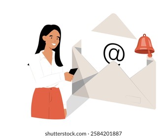 Woman Checking Email Notification In Flat Vector Illustration Symbolizing Digital Communication, Online Messaging, And Email Marketing, Isolated On White Background