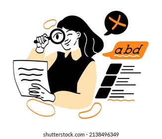 Woman checking error. Young girl looks through magnifying glass at paper. Analysis of documents, editor reads materials, feedback for colleagues. Correction of typos. Cartoon flat vector illustration