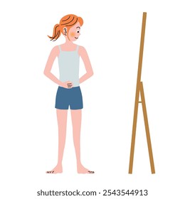 Mulher olhando na frente de um espelho para ver se está gorda.