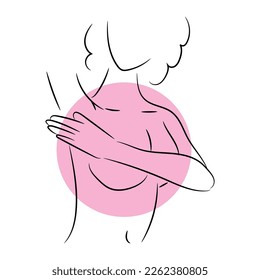 Woman checking her breast on white background. Cancer awareness 