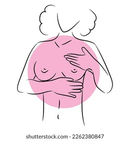 Woman checking her breast on white background. Cancer awareness 