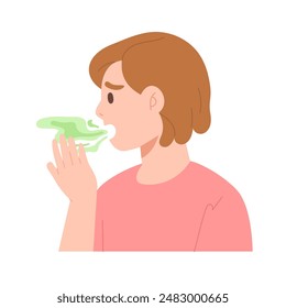 Mujer que comprueba su olor del aliento aislado en fondo blanco. Concepto de mal aliento, salud bucal, salud dental, odontología, higiene, mal olor, halitosis, mal olor en la boca. Ilustración vectorial plana.