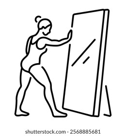 A woman checking her gymnast costume in mirror icon in linear style 