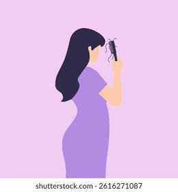A woman checking her hair loss and damage after using a brush during her beauty routine, Person with a comb doing her morning grooming and hairstyle for an appearance change in the bathroom