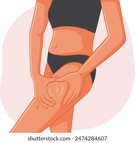 
Woman Checking her Legs for Cellulite Vector Illustration. Insecure girl suffering from body dysmorphia from unrealistic beauty standards 
