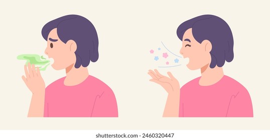 Woman checking her mouth breath with halitosis and fresh breath. Concept of health care, bad breath problem, oral health, dental health, smelly mouth. Flat vector illustration character.