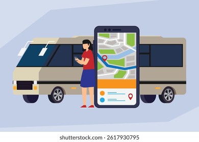 woman checking her phone for directions, with a bus and a city map displayed on the phone screen