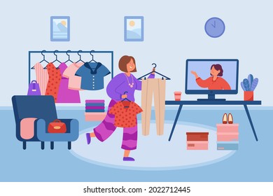 Woman checking her wardrobe in front of computer. Flat vector illustration. Cartoon girl choosing outfit at home, consulting personal stylist online. Wardrobe, style, fashion, clothing concept