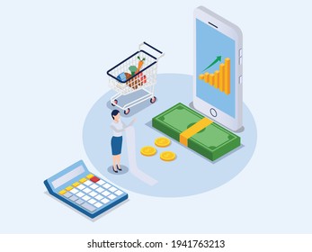 Mujer revisando el concepto de vector 3d isométrico de la factura para banner, sitio web, ilustración, página de aterrizaje, volante, etc.