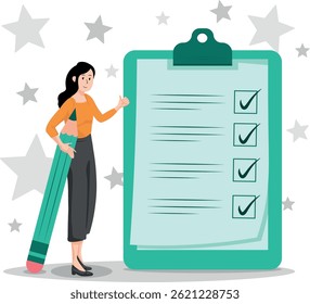 woman checking off checklist, reviewing a checklist,