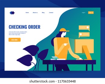 Woman checking order on computer desktop. Website landing page Template. Flat vector illustration