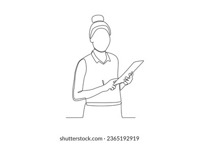 A woman checking out her project. Dia de la mujer emprendedora one-line drawing