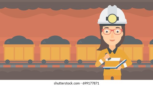 A woman checking a paper plan on the background of mining tunnel with cart full of coal vector flat design illustration. Horizontal layout. 