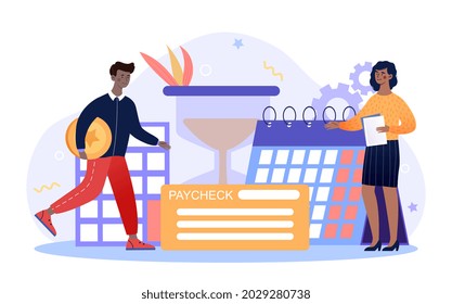 Woman checking payments. Man carries money on time. Refunds, credit institutions, debts. Tiny businesswoman, huge calendar rejoice. Cartoon flat vector illustration isolated on white background